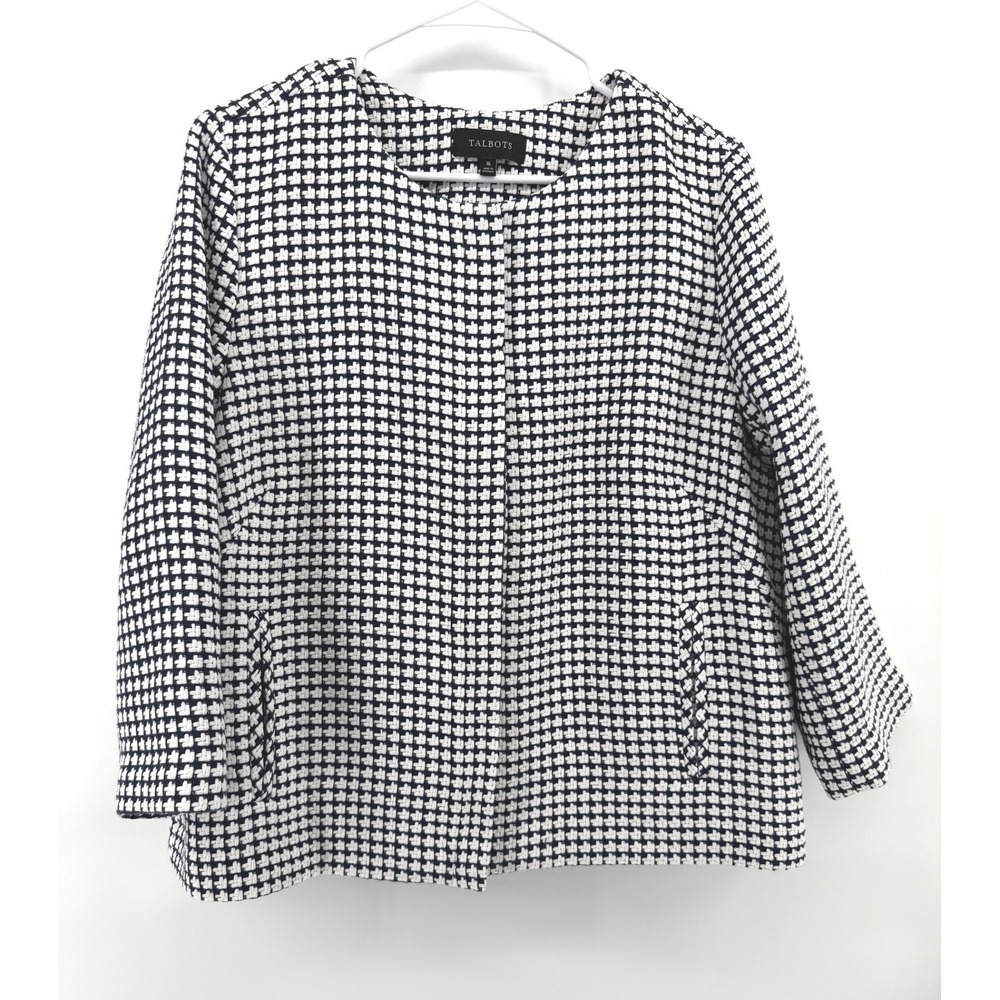Talbots Jacket Blue White Basketweave Zip Front Box Pleat Cotton Office Women 16